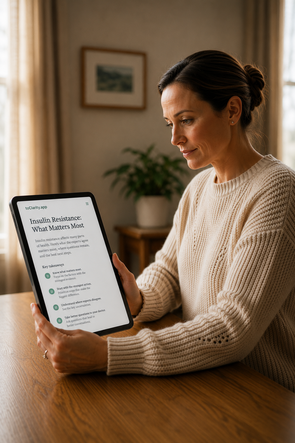 A person at home reading a clear health summary on a tablet, looking calm and unhurried.